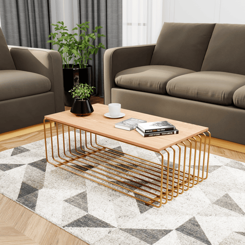 Walden Rectangular Coffee Table with Ash Wood Tabletop in Black Steel Frame