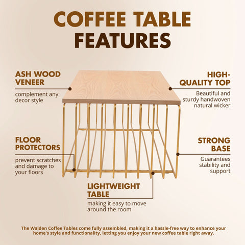 Walden Rectangular Coffee Table with Ash Wood Tabletop in Black Steel Frame