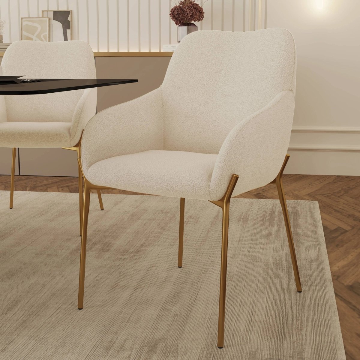 Zaire Upholsters Dining Chair in Velvet/Leather/Boucle with Gold Chrome Iron Set of 4