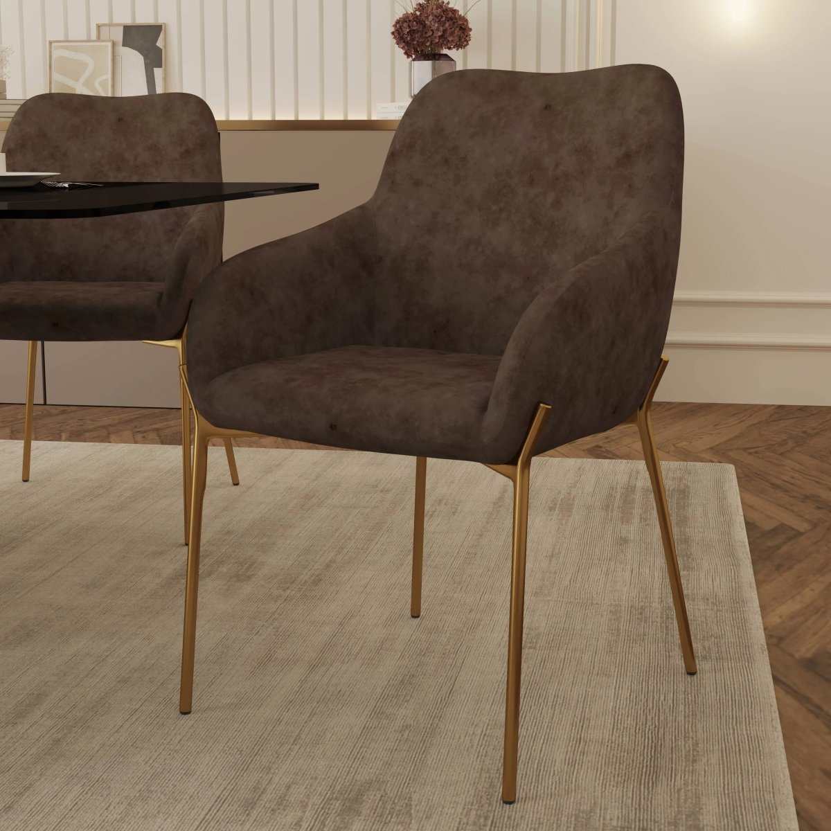 Zaire Upholsters Dining Chair in Velvet/Leather/Boucle with Gold Chrome Iron Set of 4