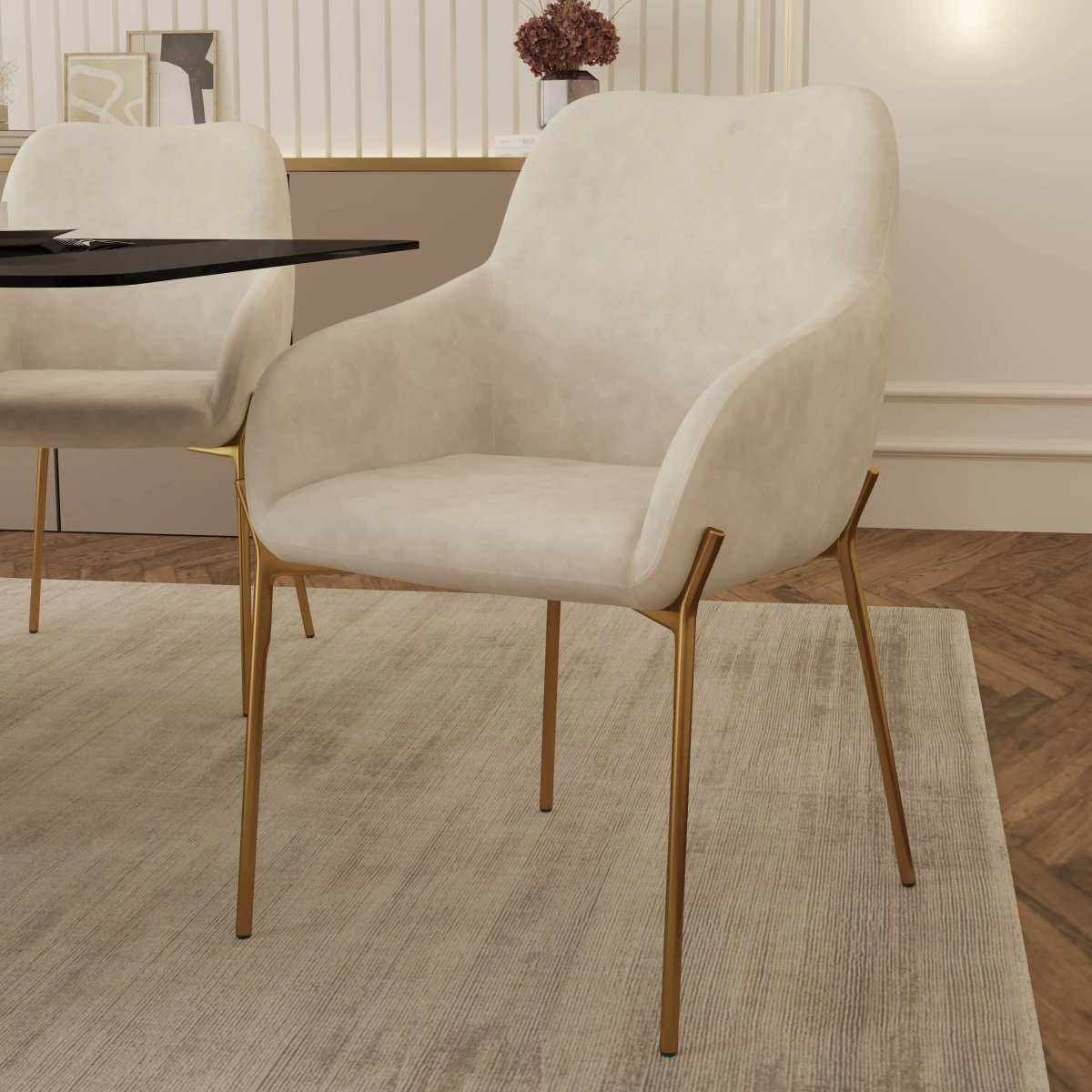 Zaire Upholsters Dining Chair in Velvet/Leather/Boucle with Gold Chrome Iron Set of 4