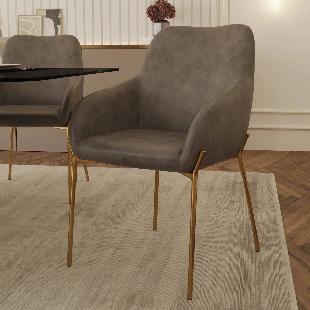 Zaire Upholsters Dining Chair in Velvet/Leather/Boucle with Gold Chrome Iron Set of 4