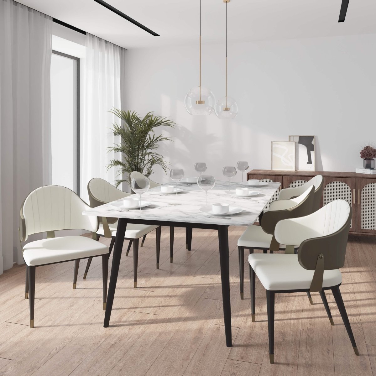 Zayle 7 - Piece Dining Set with 55" Rectangular Dining Table in White/Gold Sintered Stone Top and 6 Leather Dining Chairs