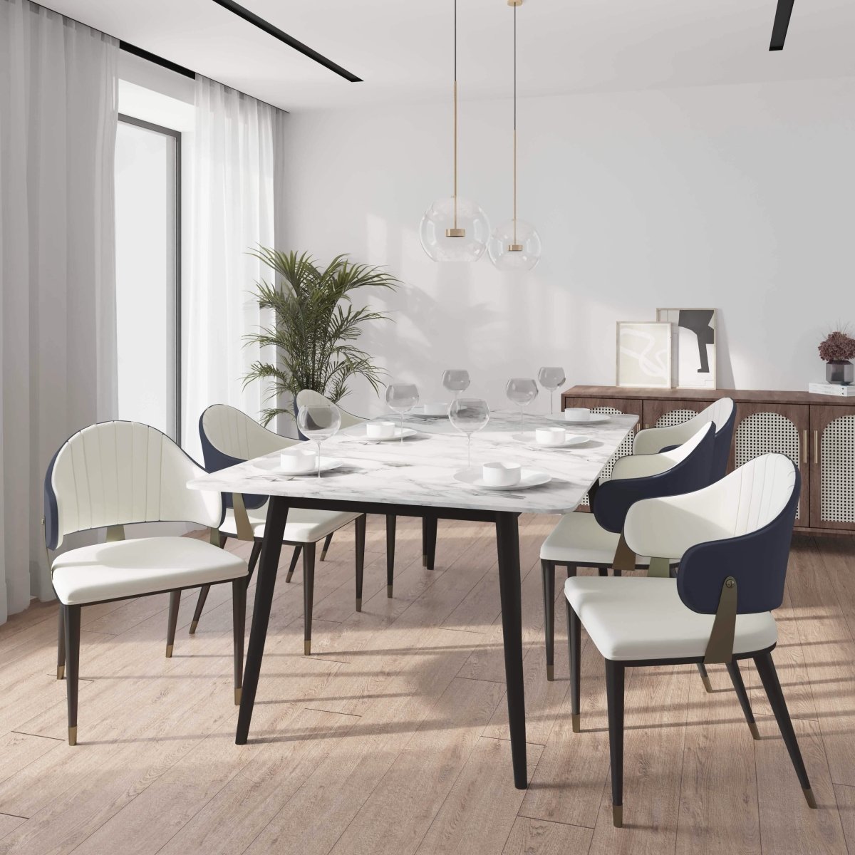 Zayle 7 - Piece Dining Set with 55" Rectangular Dining Table in White/Gold Sintered Stone Top and 6 Leather Dining Chairs