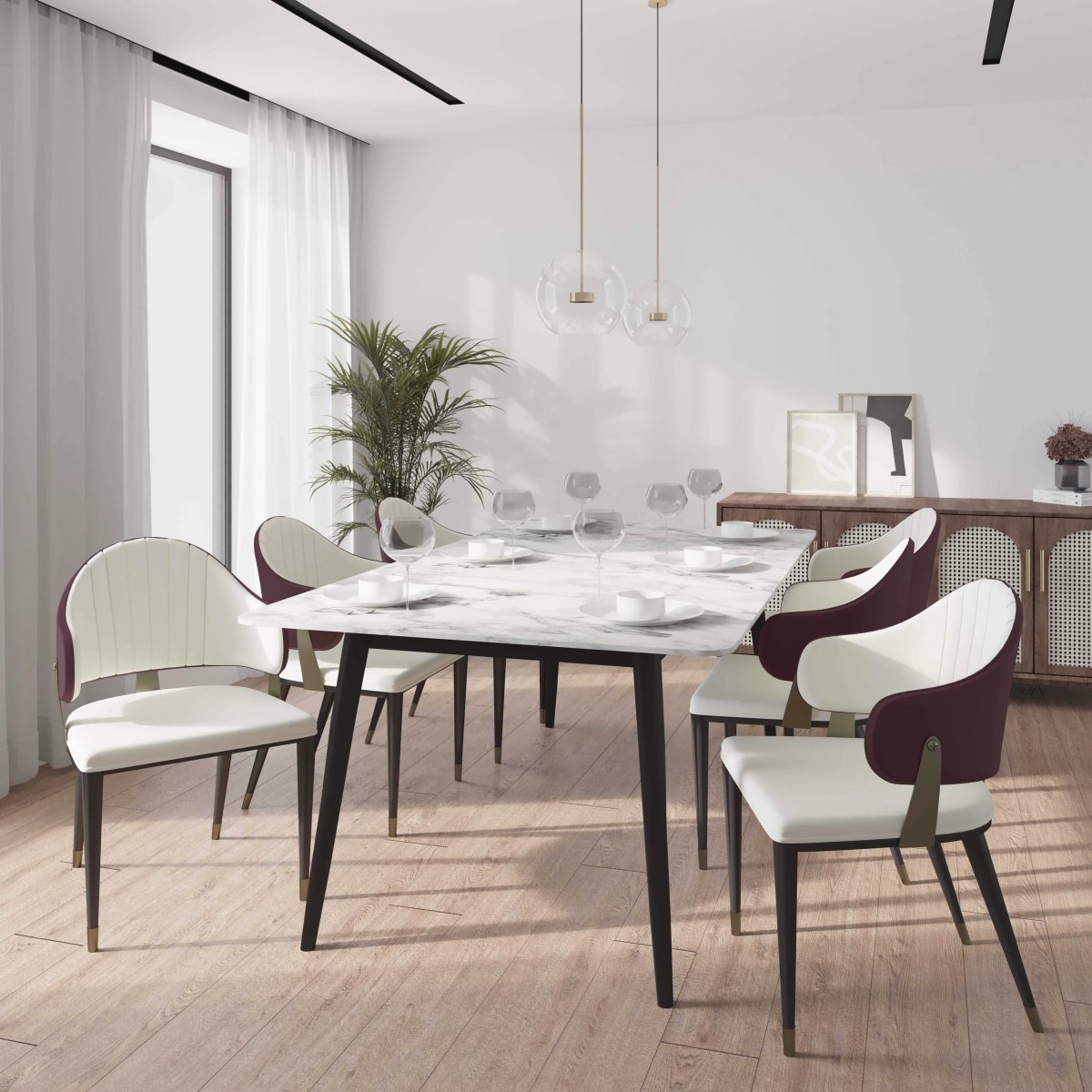 Zayle 7 - Piece Dining Set with 55" Rectangular Dining Table in White/Gold Sintered Stone Top and 6 Leather Dining Chairs