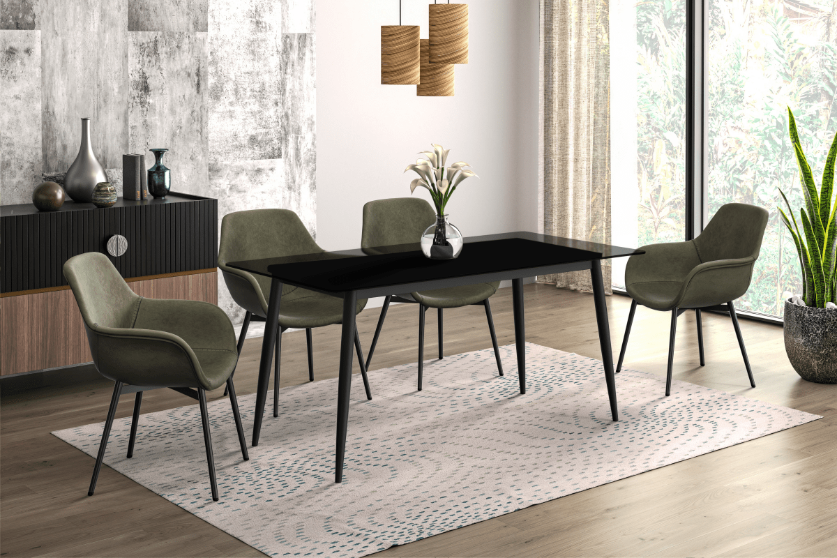 Zayle Modern Rectangular Dining Table with Glass/Stone Tabletop and Black Steel Base