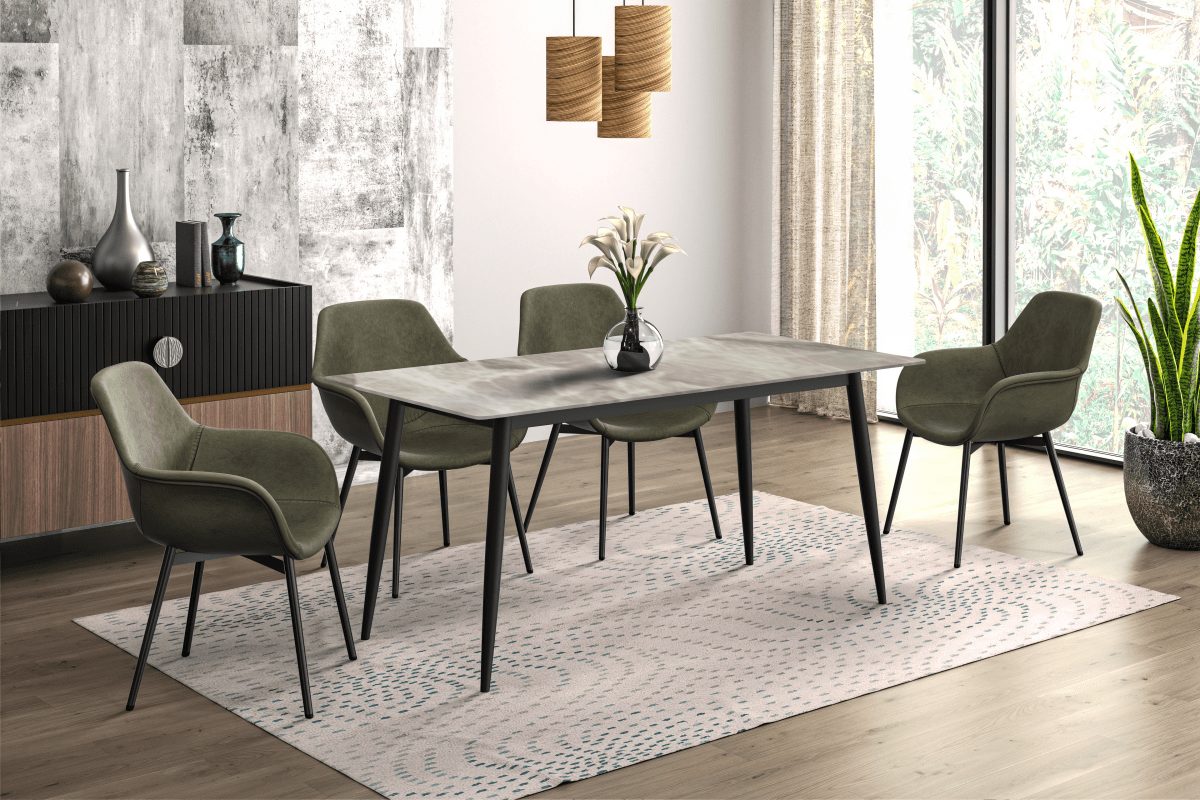 Zayle Modern Rectangular Dining Table with Glass/Stone Tabletop and Black Steel Base