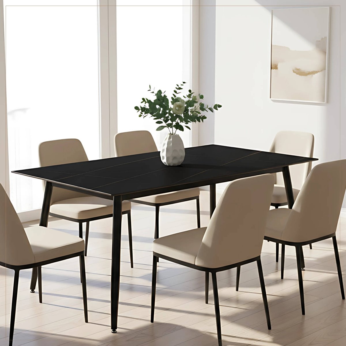 Zayle Modern Rectangular Dining Table with Glass/Stone Tabletop and Black Steel Base