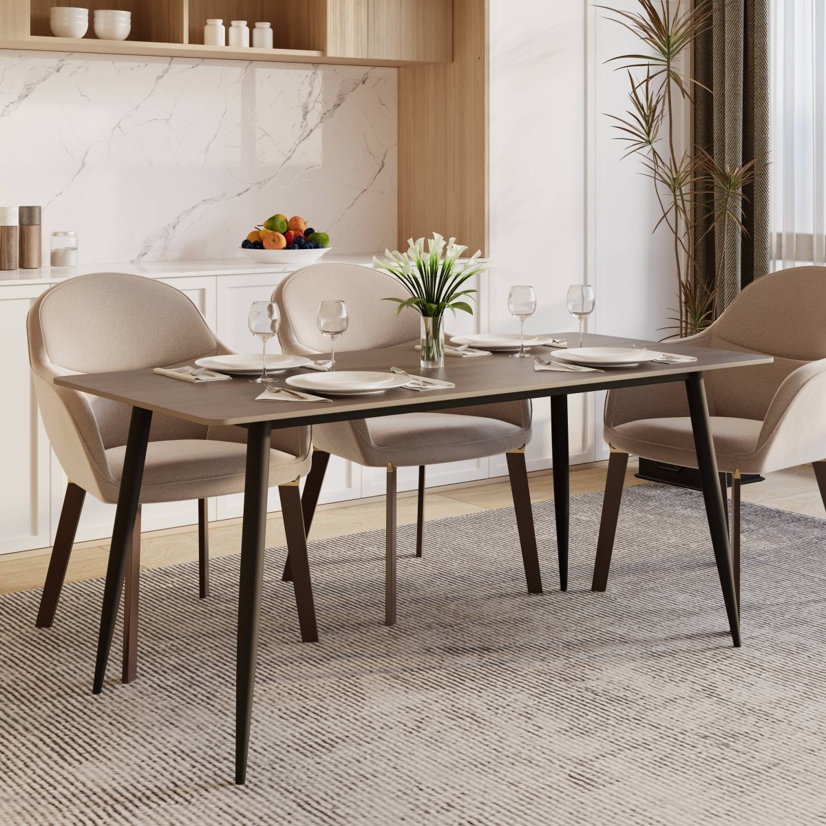 Zayle Modern Rectangular Dining Table with Glass/Stone Tabletop and Black Steel Base
