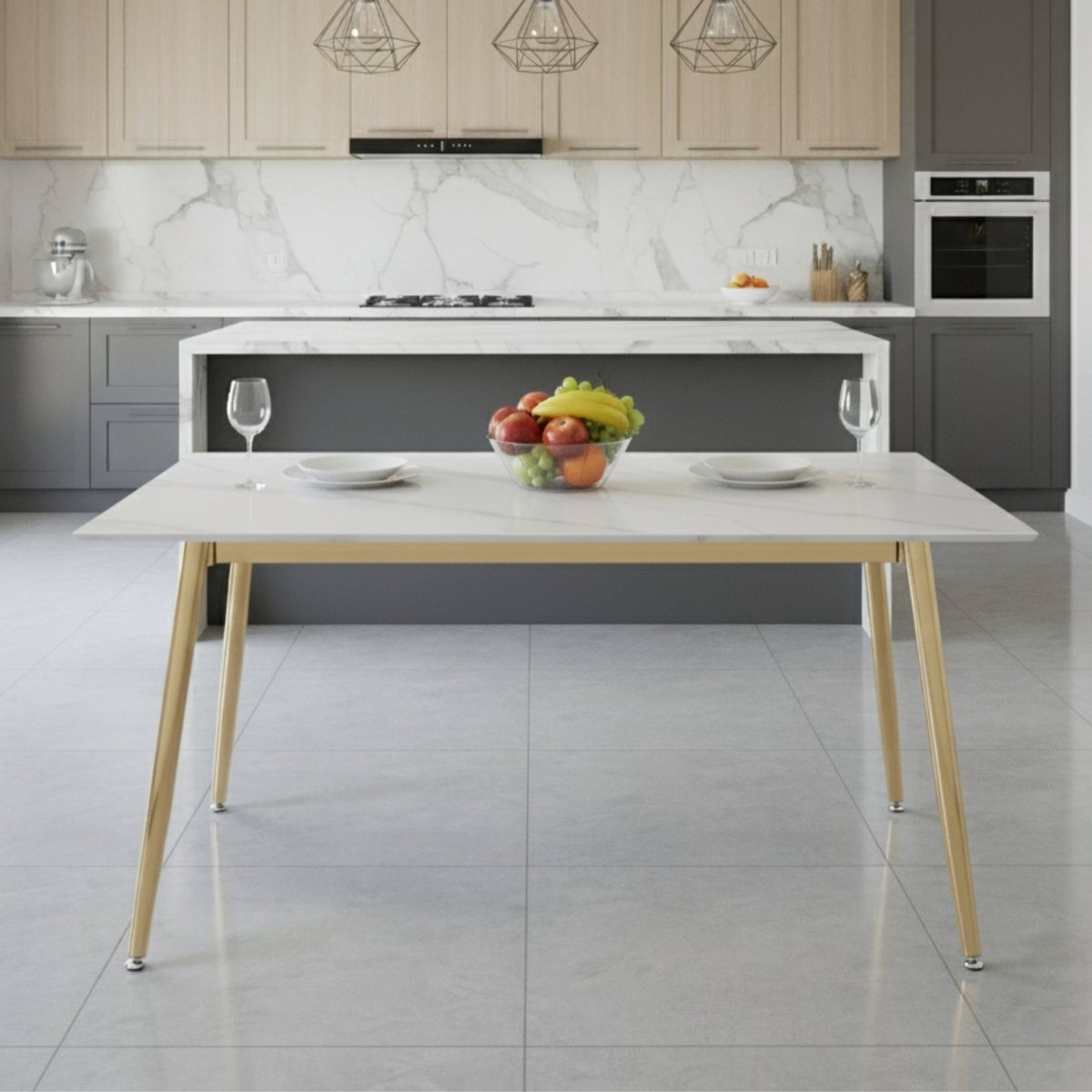 Zayle Modern Rectangular Dining Table with Glass/Stone Tabletop and Gold Steel Base