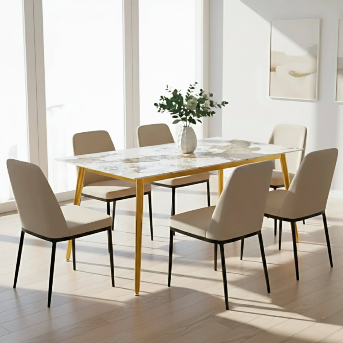 Zayle Modern Rectangular Dining Table with Glass/Stone Tabletop and Gold Steel Base