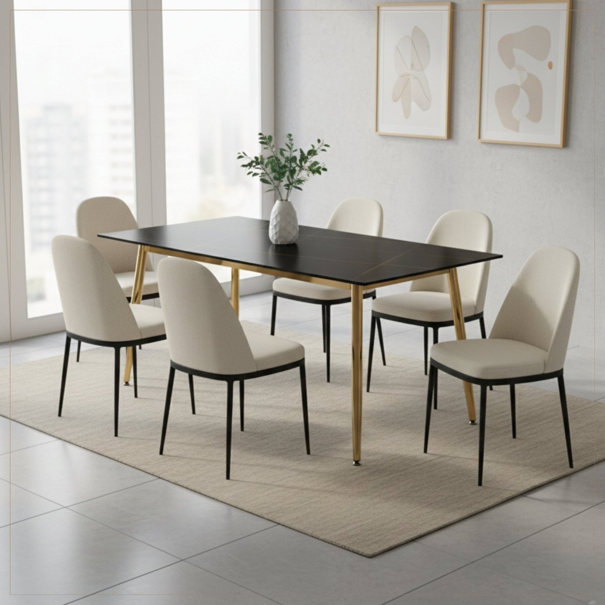 Zayle Modern Rectangular Dining Table with Glass/Stone Tabletop and Gold Steel Base