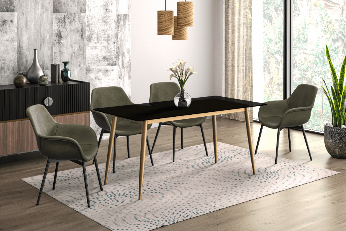 Zayle Modern Rectangular Dining Table with Glass/Stone Tabletop and Gold Steel Base