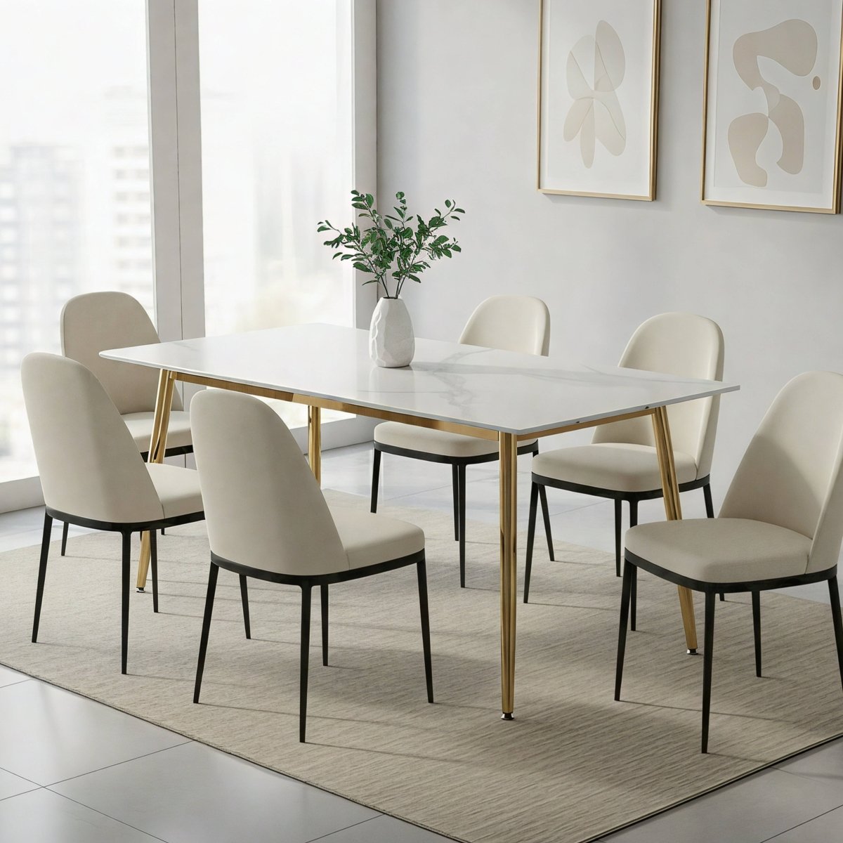 Zayle Modern Rectangular Dining Table with Glass/Stone Tabletop and Gold Steel Base