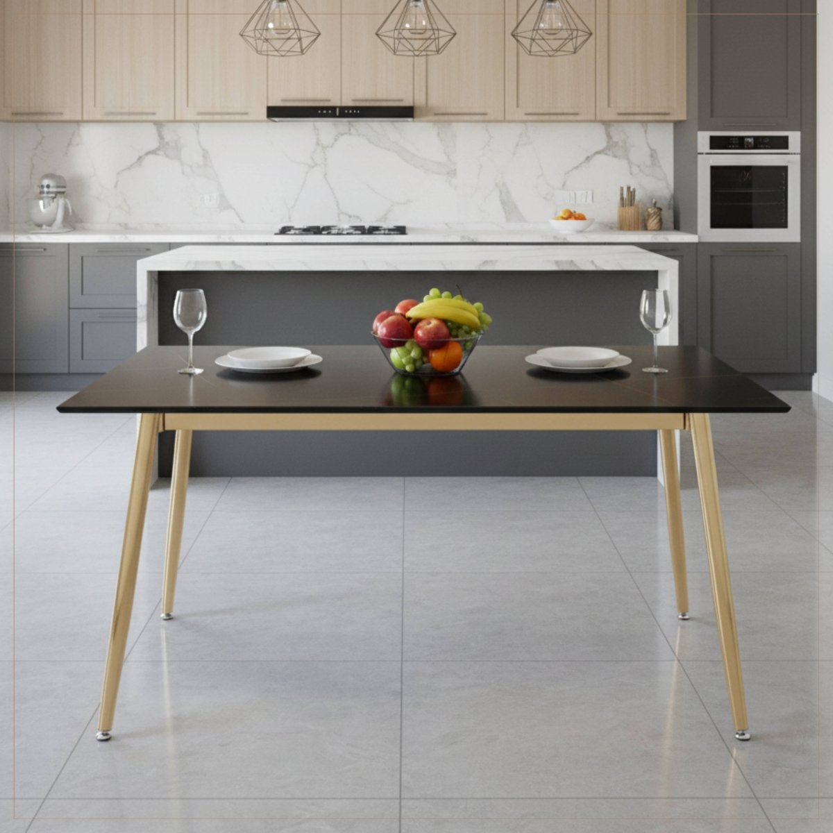 Zayle Modern Rectangular Dining Table with Glass/Stone Tabletop and Gold Steel Base