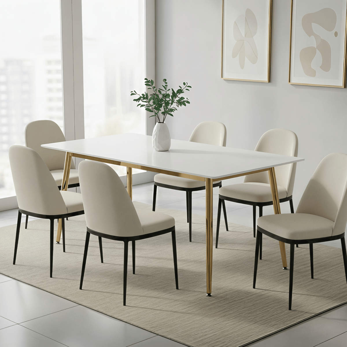 Zayle Rectangular Dining Table with a Stintered Stone Tabletop and a Stainless Steel Base