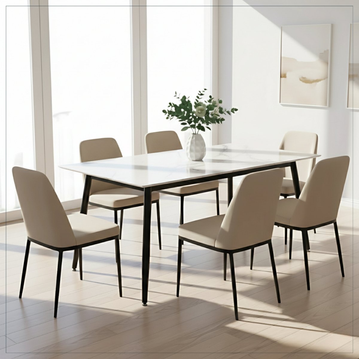 Zayle Rectangular Dining Table with a Stintered Stone Tabletop and a Stainless Steel Base