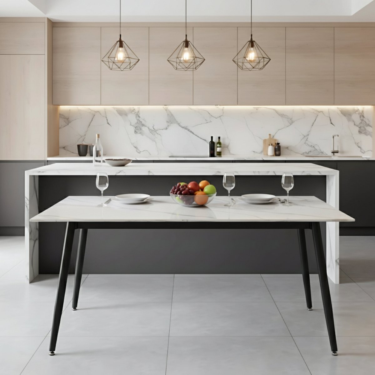 Zayle Rectangular Dining Table with a Stintered Stone Tabletop and a Stainless Steel Base