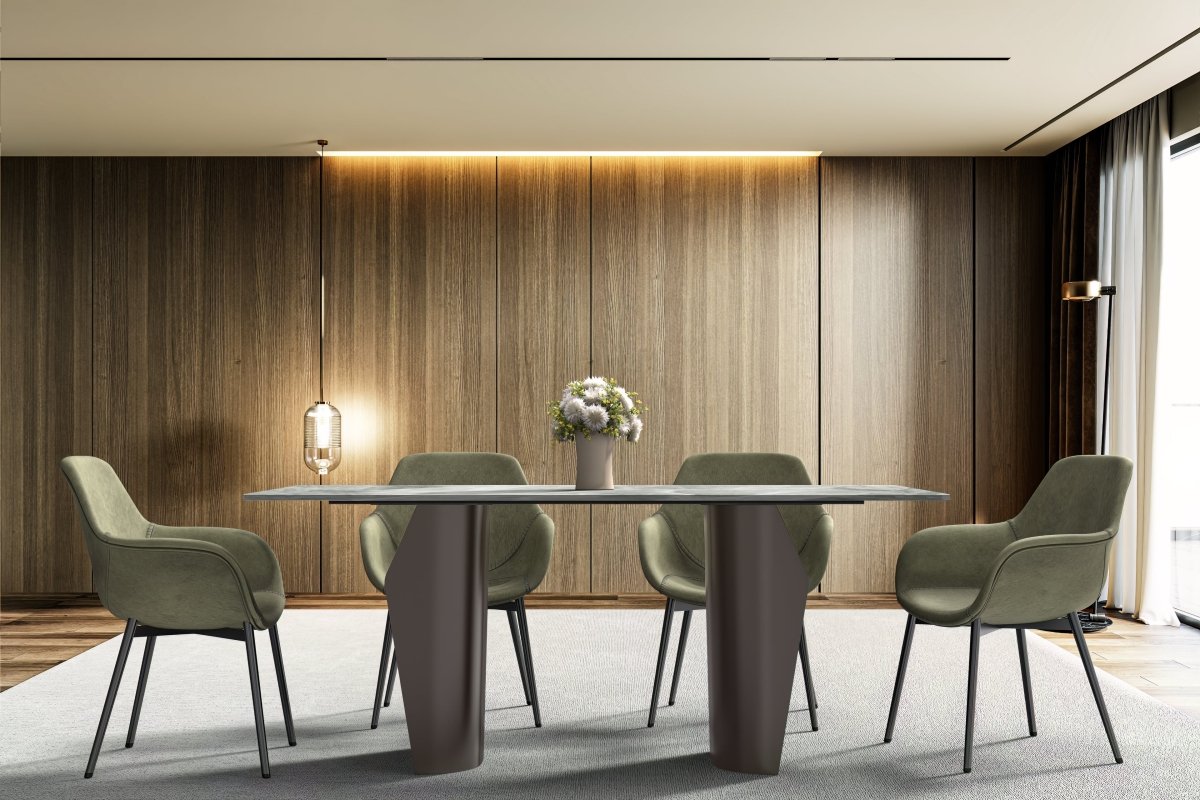 Zelan Dining Table with Rectangular Glass/Sintered Stone Tabletop and Steel Legs
