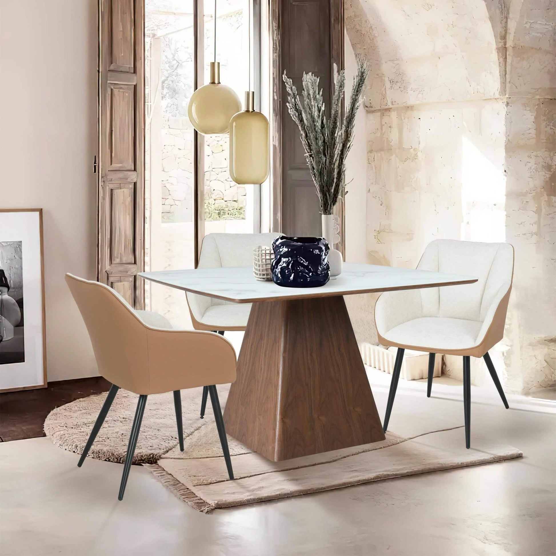 Zephyr 47" Square Dining Table with Sintered Stone/Ash Wood Tabletop and Iron Base