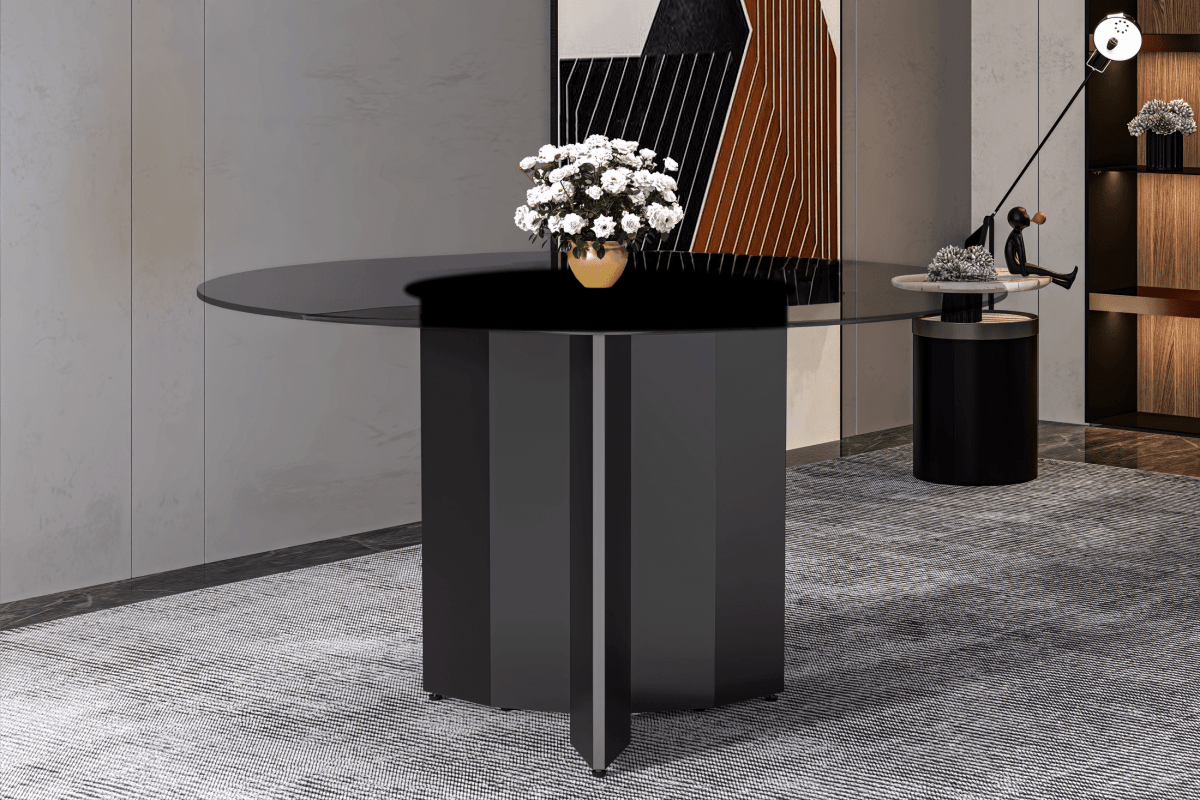 Zevro Round Dining Table with Sintered Stone/Glass Tabletop in Black Stainless Steel