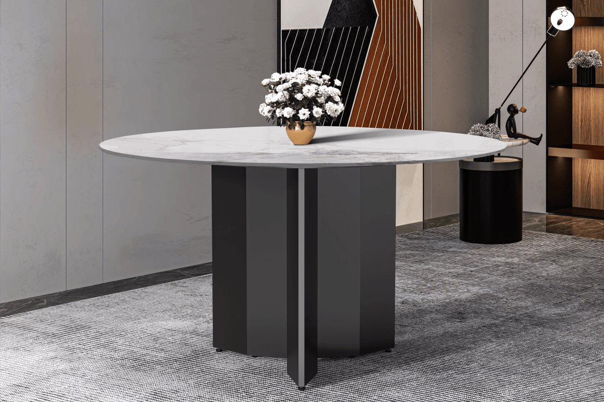 Zevro Round Dining Table with Sintered Stone/Glass Tabletop in Black Stainless Steel