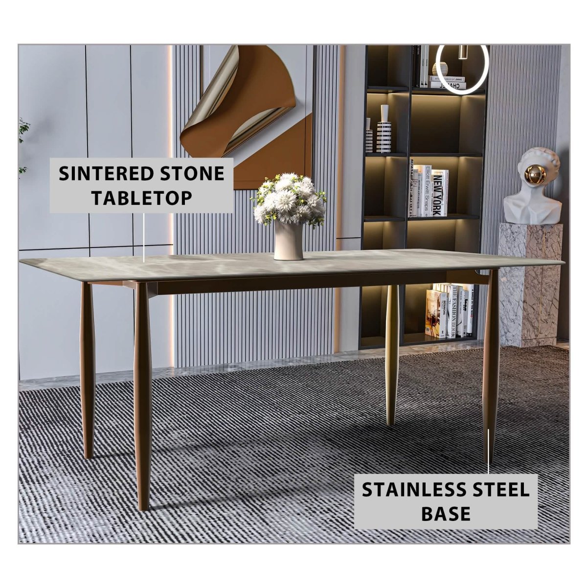 Zinti Rectangular Dining Table with Glass/Sintered Stone Tabletop and Steel Base