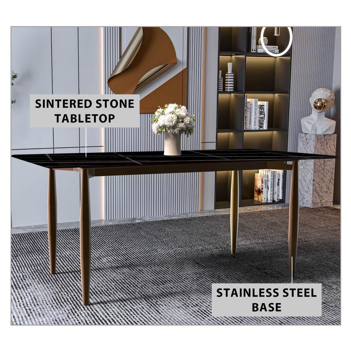 Zinti Rectangular Dining Table with Glass/Sintered Stone Tabletop and Steel Base