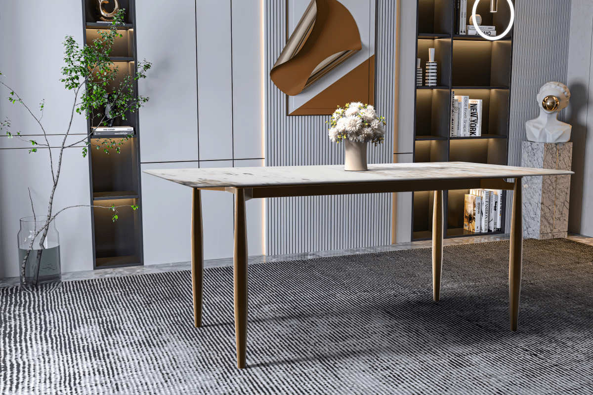 Zinti Rectangular Dining Table with Glass/Sintered Stone Tabletop and Steel Base