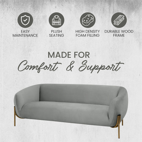 Zuno Modern Three-Seater Velvet Sofa with Gold Iron Legs