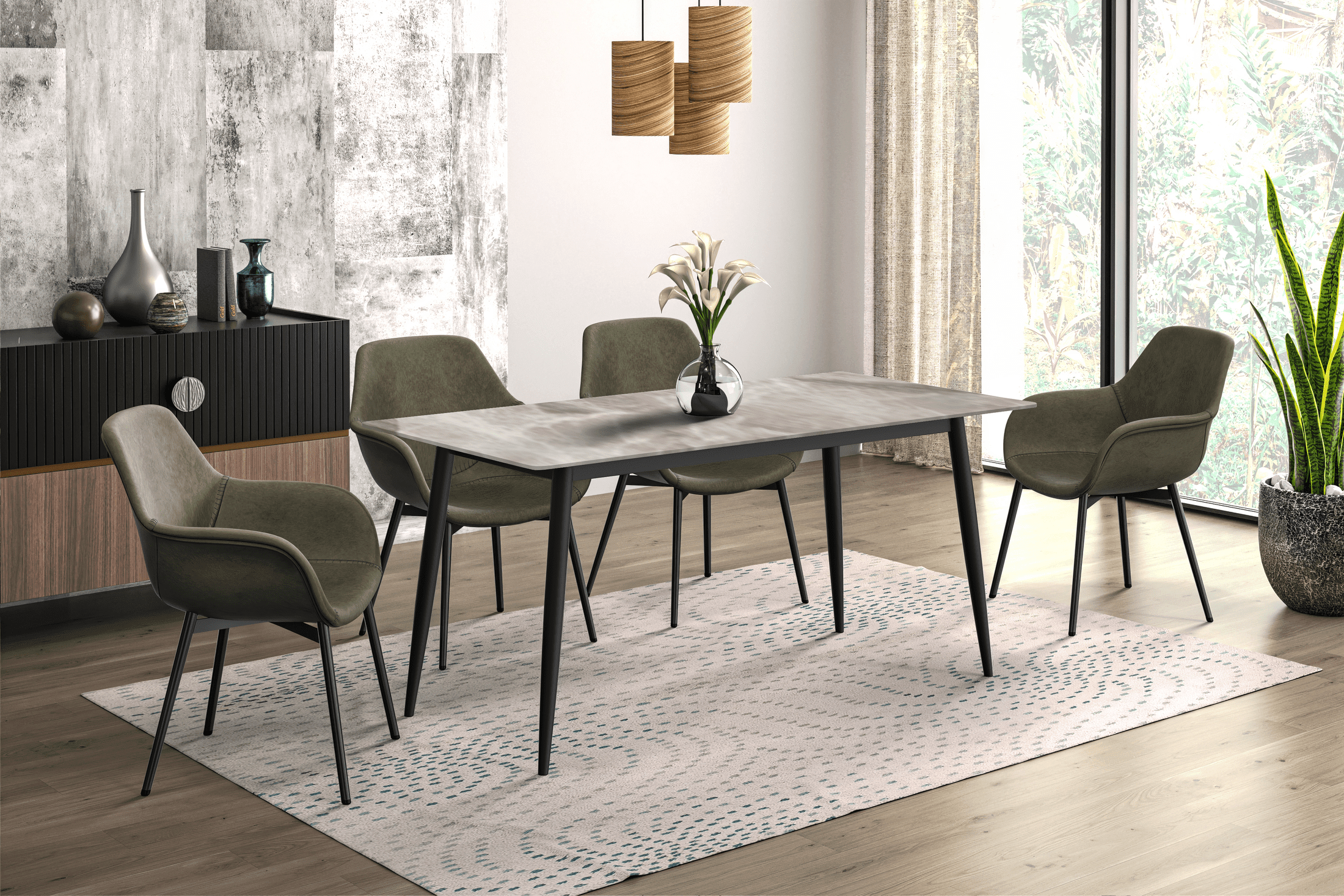 Zayle Modern Rectangular Dining Table with Glass/Stone Tabletop and Black Steel Base