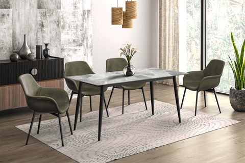 Zayle Modern Rectangular Dining Table with Glass/Stone Tabletop and Black Steel Base