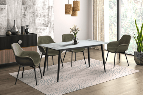 Zayle Modern Rectangular Dining Table with Glass/Stone Tabletop and Black Steel Base