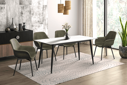Zayle Modern Rectangular Dining Table with Glass/Stone Tabletop and Black Steel Base