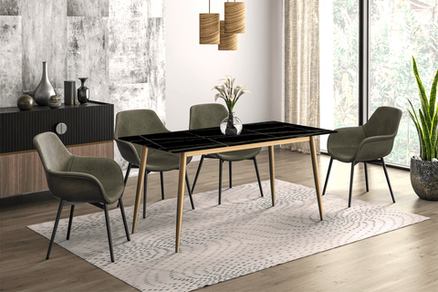 Zayle Modern Rectangular Dining Table with Glass/Stone Tabletop and Black Steel Base