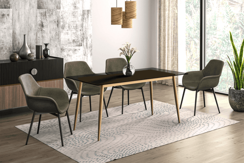 Zayle Modern Rectangular Dining Table with Glass/Stone Tabletop and Black Steel Base