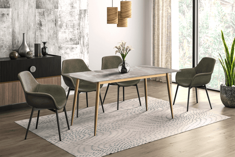 Zayle Modern Rectangular Dining Table with Glass/Stone Tabletop and Black Steel Base