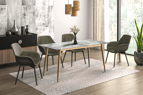 Zayle Modern Rectangular Dining Table with Glass/Stone Tabletop and Black Steel Base