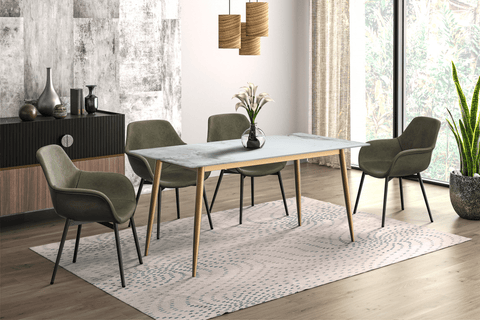 Zayle Modern Rectangular Dining Table with Glass/Stone Tabletop and Black Steel Base