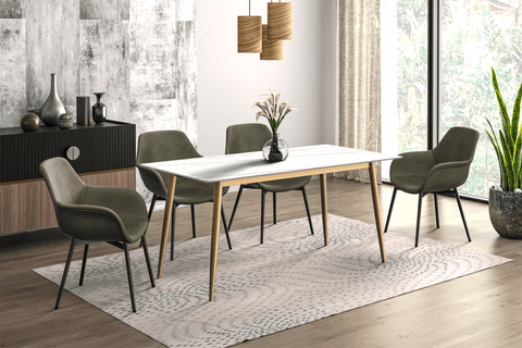 Zayle Modern Rectangular Dining Table with Glass/Stone Tabletop and Black Steel Base