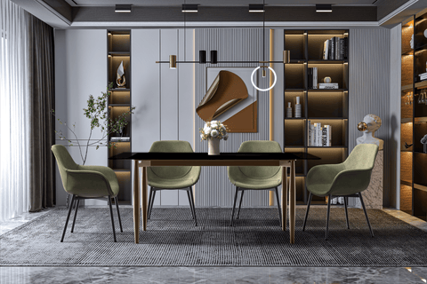 Zayle Modern Rectangular Dining Table with Glass/Stone Tabletop and Black Steel Base