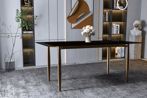 Zayle Modern Rectangular Dining Table with Glass/Stone Tabletop and Black Steel Base