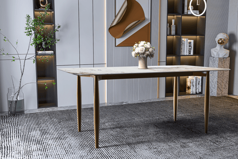 Zayle Modern Rectangular Dining Table with Glass/Stone Tabletop and Black Steel Base