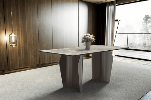 Zelan Dining Table with Rectangular Glass/Sintered Stone Tabletop and Steel Legs