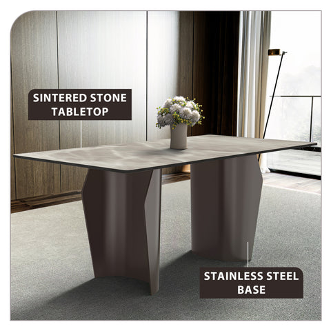 Zelan Dining Table with Rectangular Glass/Sintered Stone Tabletop and Steel Legs