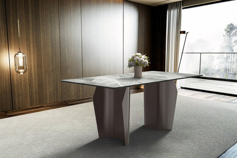 Zelan Dining Table with Rectangular Glass/Sintered Stone Tabletop and Steel Legs