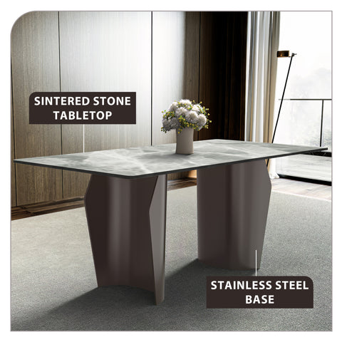 Zelan Dining Table with Rectangular Glass/Sintered Stone Tabletop and Steel Legs